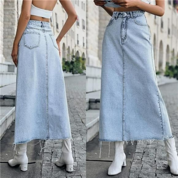 Women's Trendy Long Denim Blue Jeans Skirt High Waisted Stretchy A-Line Raw Hem - Picture 3 of 5